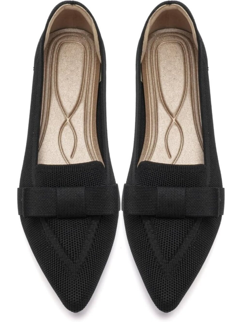 Women's Black Rubber Soft Knit Breathable Pointed Toe Ballet Flats Casual Shoes